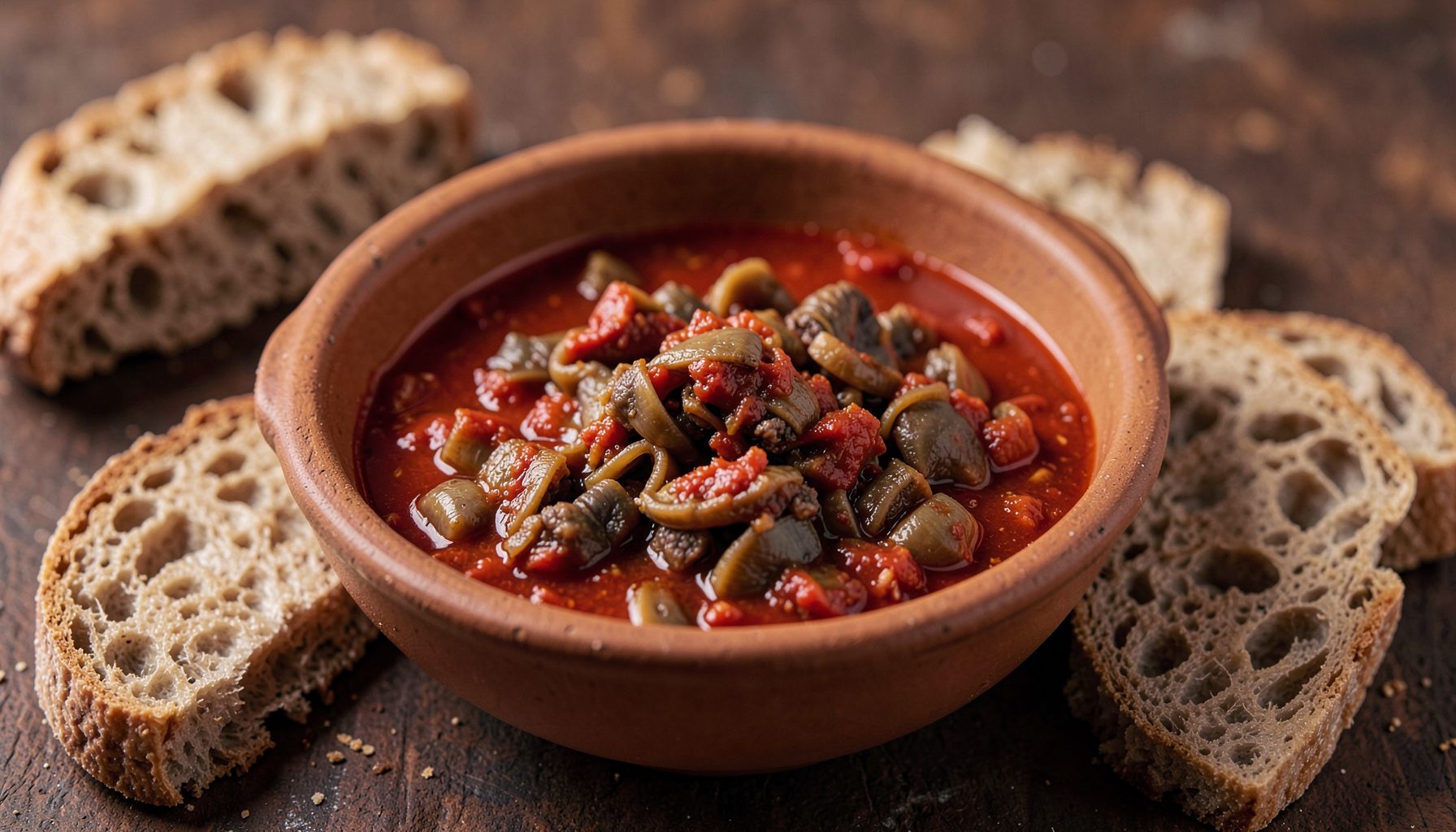 A rustic earthenware bowl of trippa alla fiorentina, Florentine-style beef tripe in a rich tomato sauce, served with crusty bread, deep red and brown hues