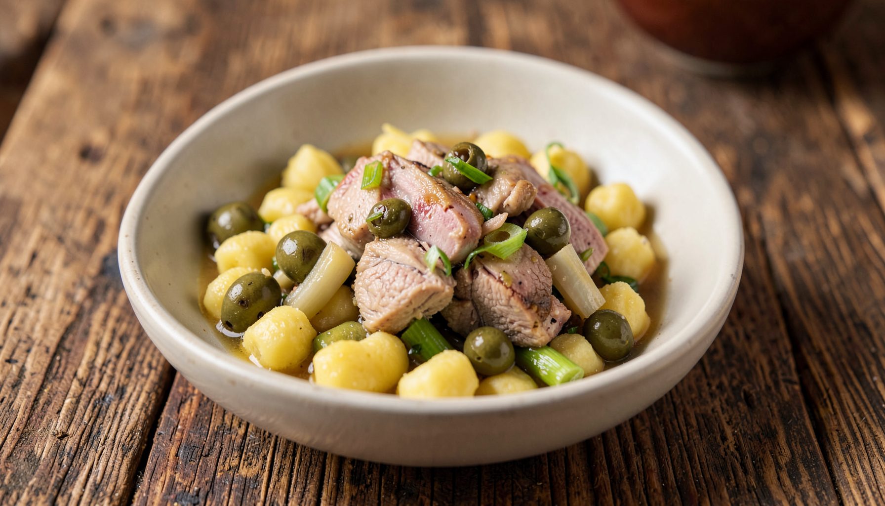 A rustic wooden table with a bowl of handmade potato gnocchi tossed with green olives, tender braised rabbit, and baby leeks in a light sauce, warm earthy tones