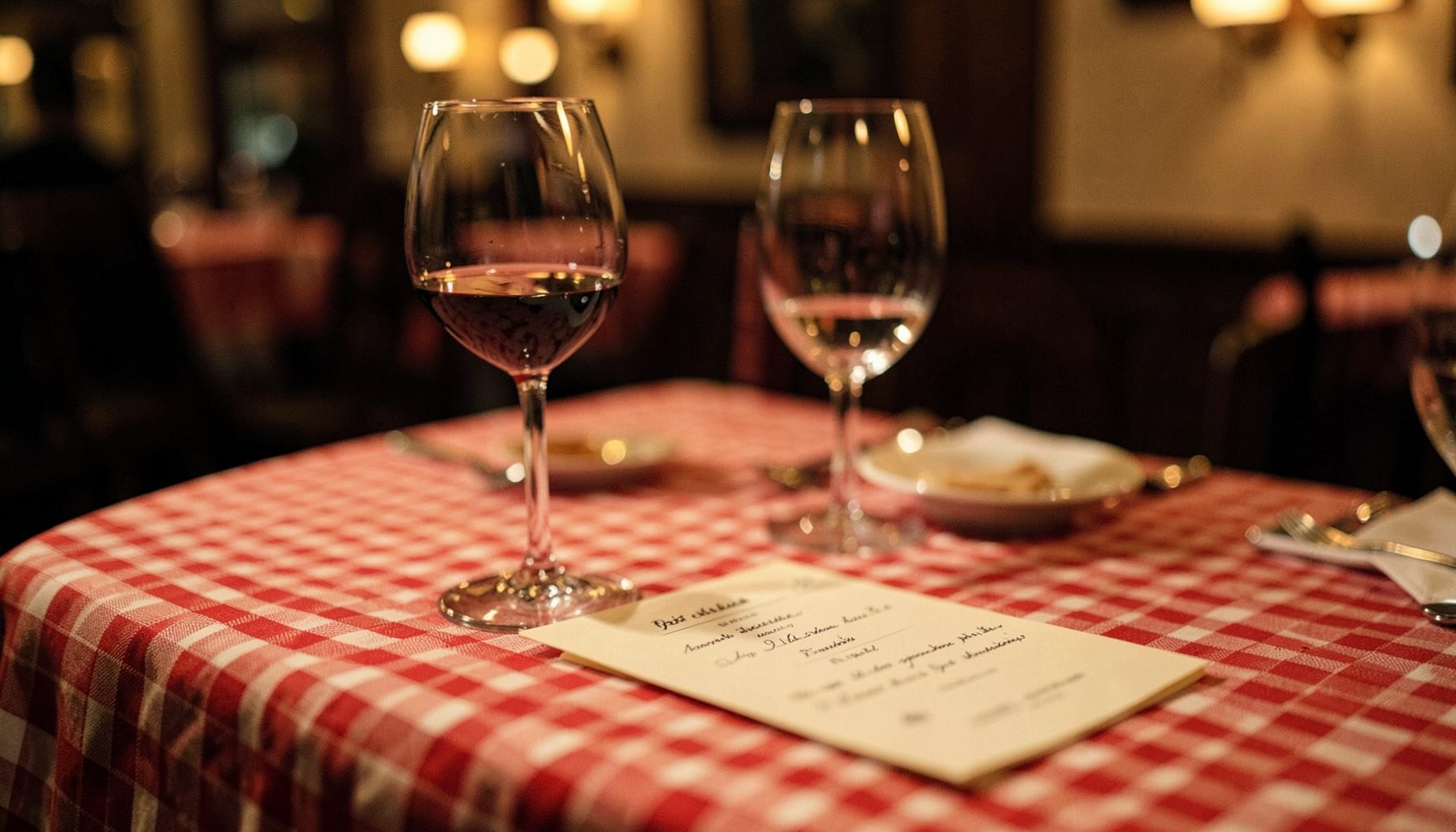 A warm, softly lit restaurant table with a red-checkered tablecloth, a half-empty wine glass, and a handwritten menu card, evoking a cozy Italian trattoria atmosphere.