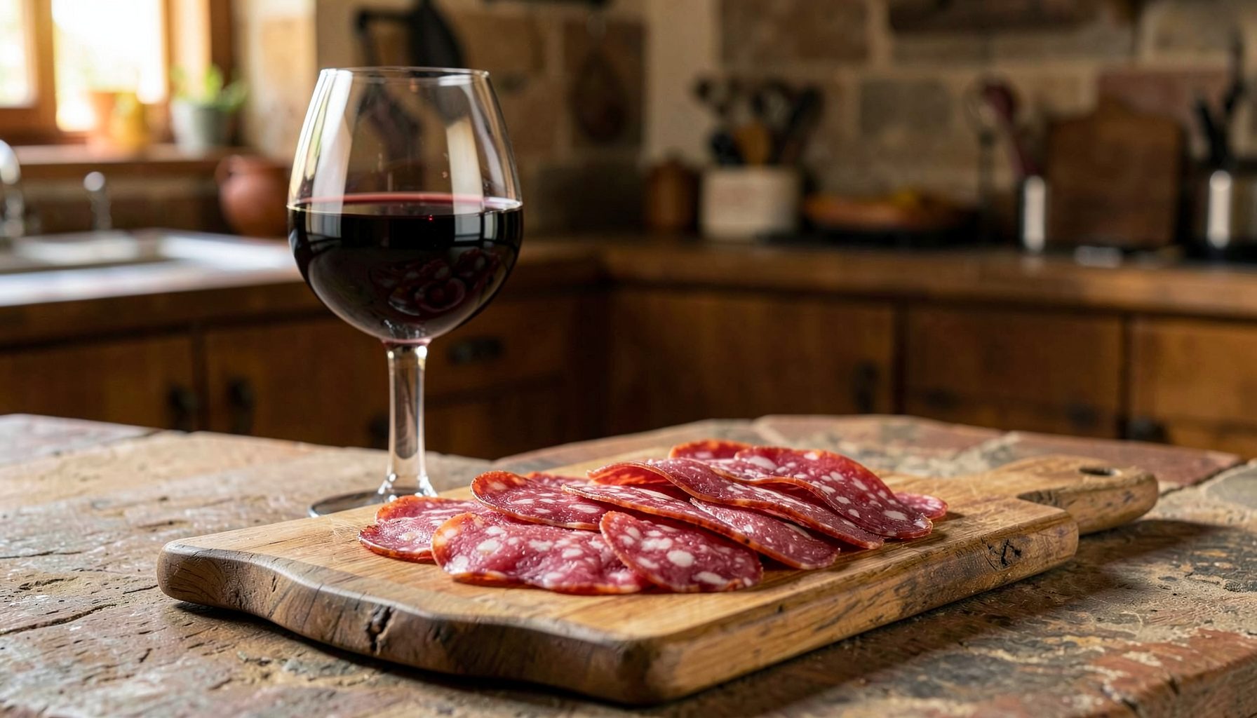 A wooden cutting board with assorted house-made salamis sliced thin, alongside a glass of red wine, warm rustic Italian kitchen atmosphere