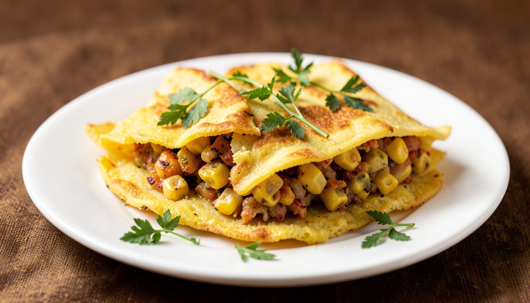 Golden polenta crepes filled with roasted corn on a white plate, garnished with fresh herbs, warm yellow and brown tones