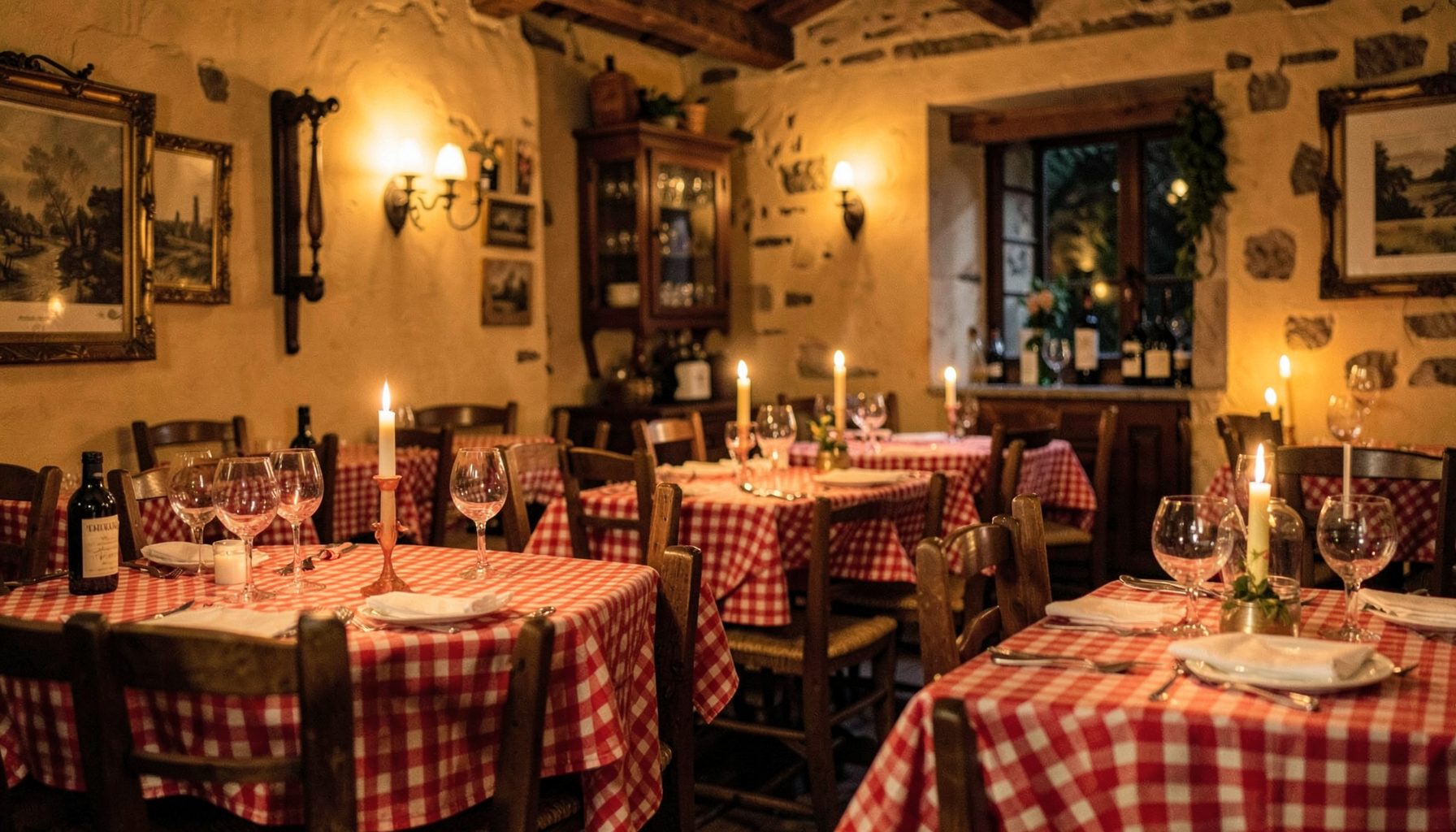 Warm candlelit Italian trattoria dining room with red-checkered tablecloths, rustic wooden furniture, and soft amber light creating a cozy, inviting atmosphere in wine country