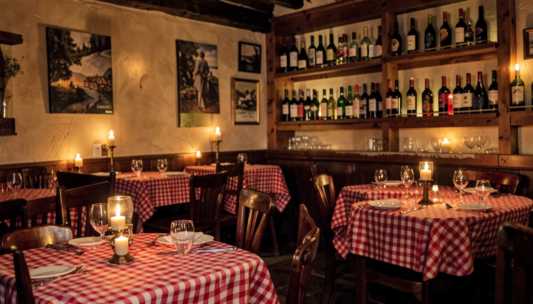 Warm, rustic Italian trattoria interior with red-checkered tablecloths, soft candlelight, and wine bottles lining wooden shelves, evoking a cozy Sonoma County wine country atmosphere.